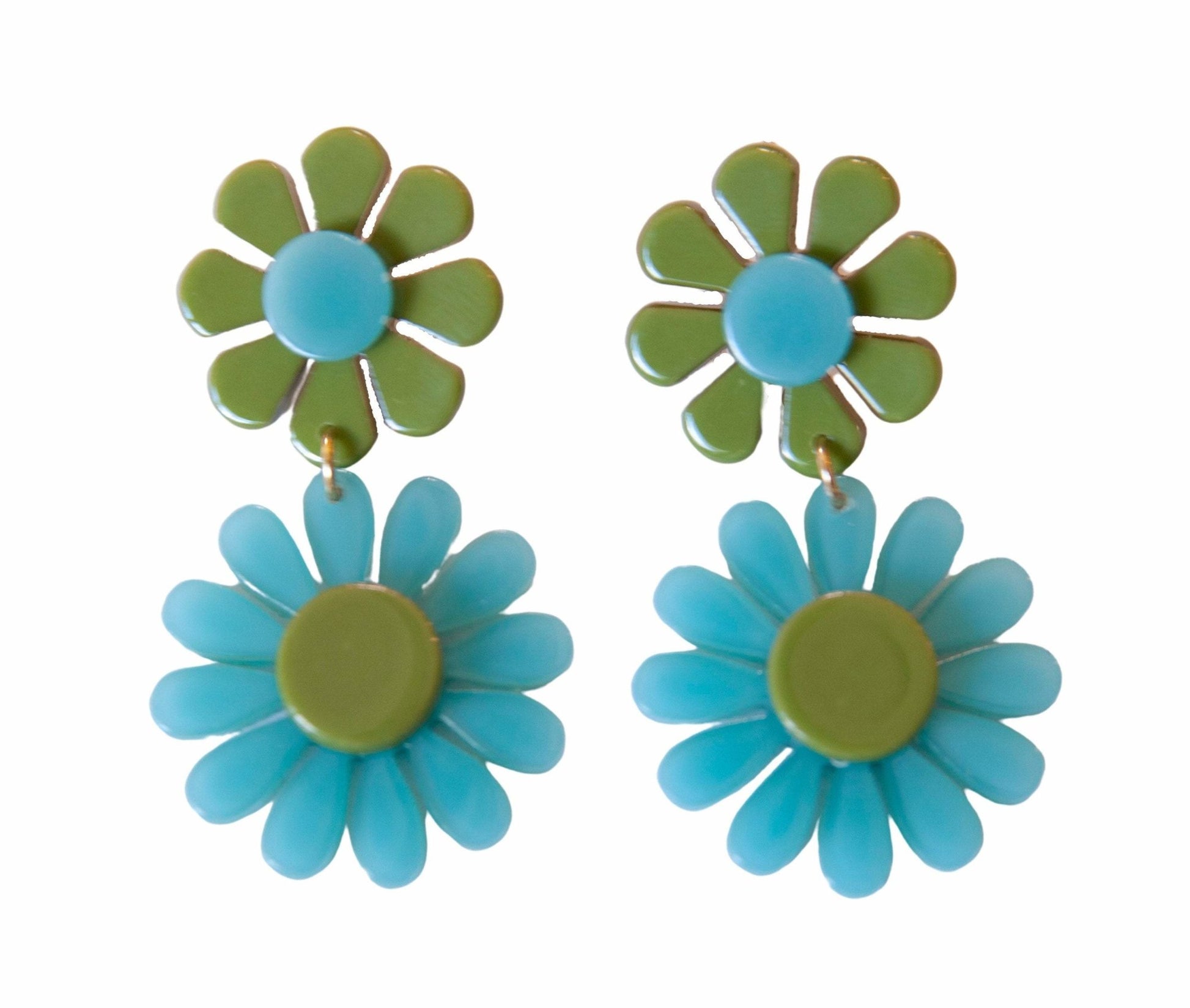 Blue and Green Retro Flower Earrings Groovy Girl - Relic828