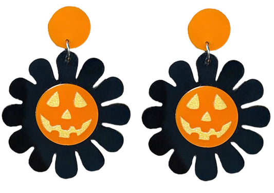 Groovy Halloween Jack O Lantern Flower Power Earrings - Relic828