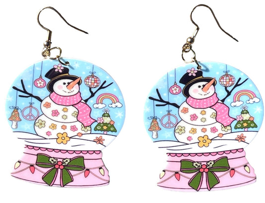 Groovy Snow Globes Retro Snowman Peace Disco & Flowers Earrings - Relic828
