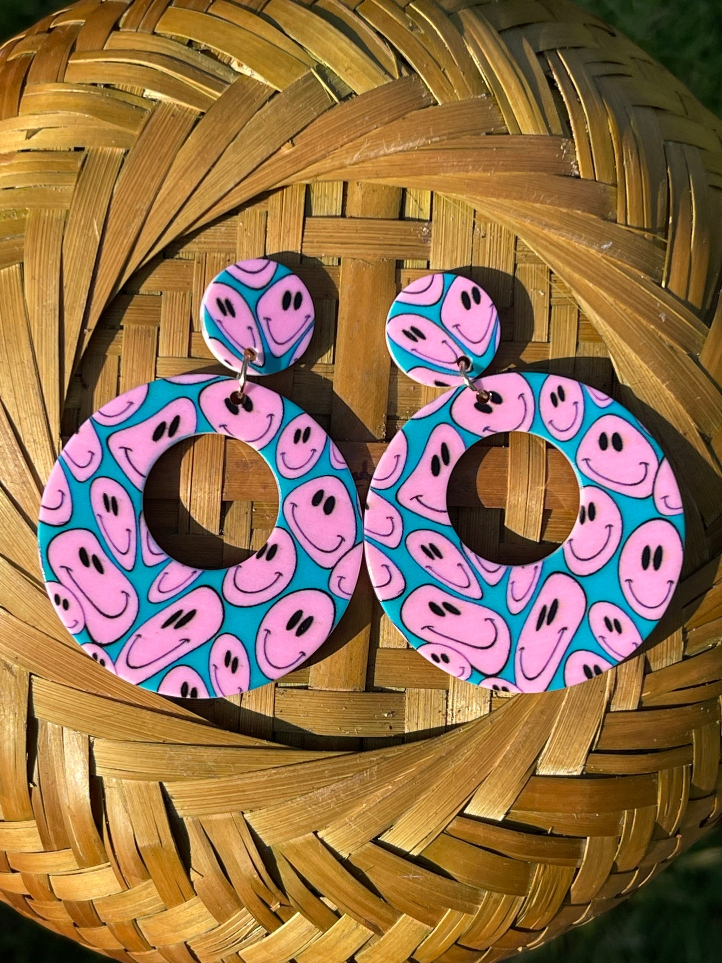 Retro Trippy Pink Smiley Chunky Hoop Earrings