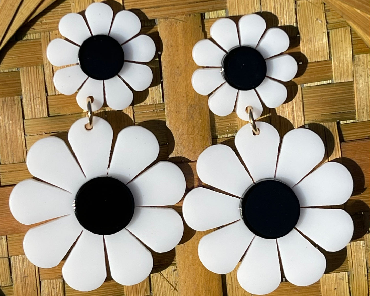 60s Classy Black and White Flower Power Earrings