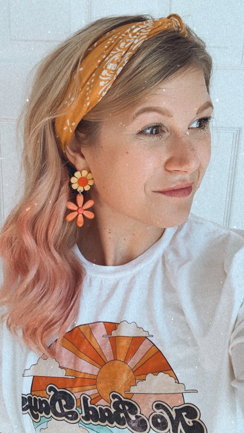 Orange and Yellow Mod Flower Earrings Groovy Girl - Relic828