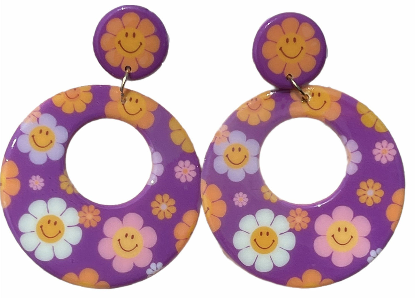 Purple Smiley Flower Power Chunky 60s Hoop Earrings - Relic828