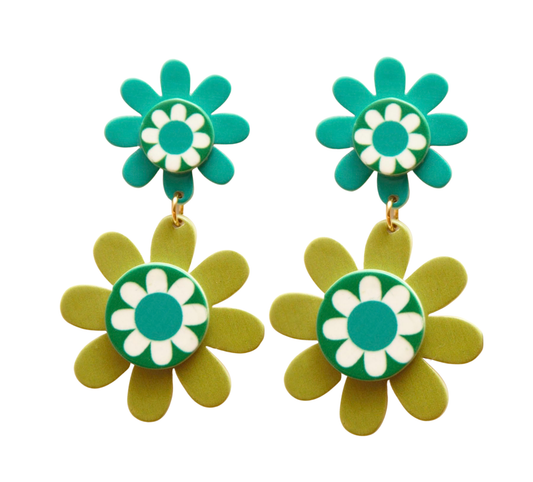 Retro Doubles Blue and Green Flower Earrings Groovy Girl - Relic828