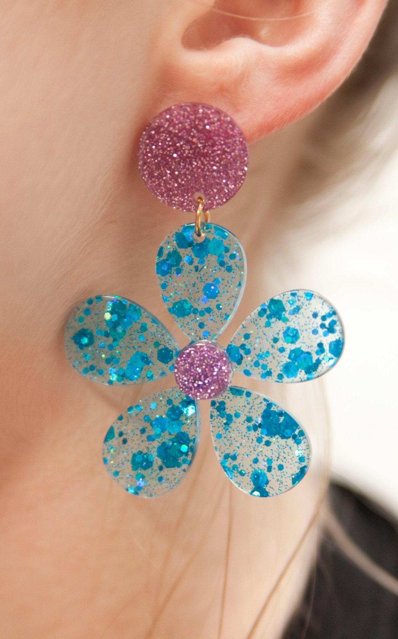 Retro Glitter Glam Flower Power Blue and Pink Earrings 60s 70s - Relic828