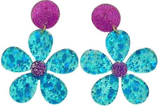 Retro Glitter Glam Flower Power Blue and Pink Earrings 60s 70s - Relic828