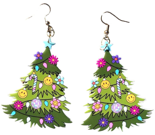 Retro Hippie Christmas Tree Flower Disco Earrings - Relic828