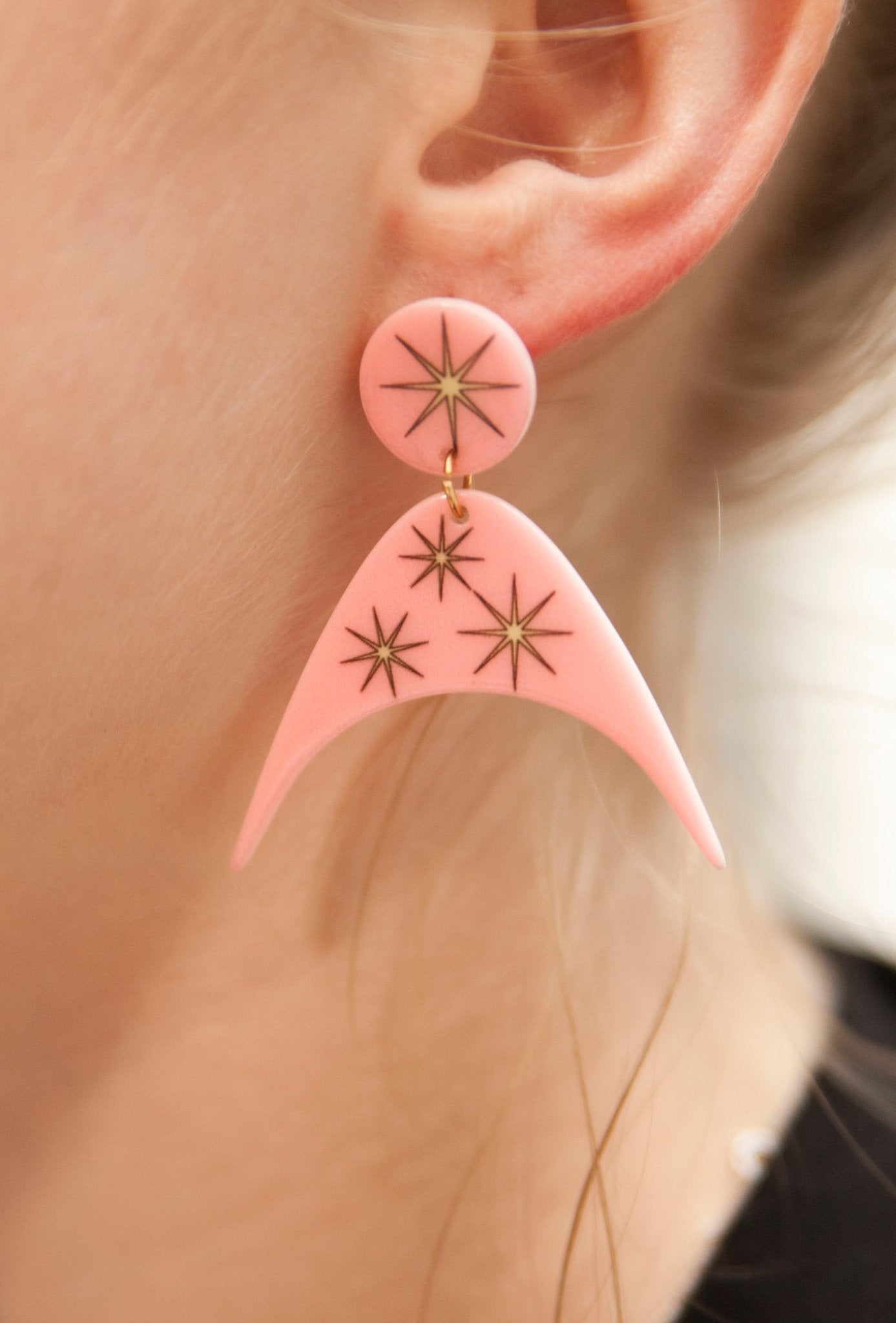 Retro Pink Atomic Starburst Boomerang 50s Earrings - Relic828