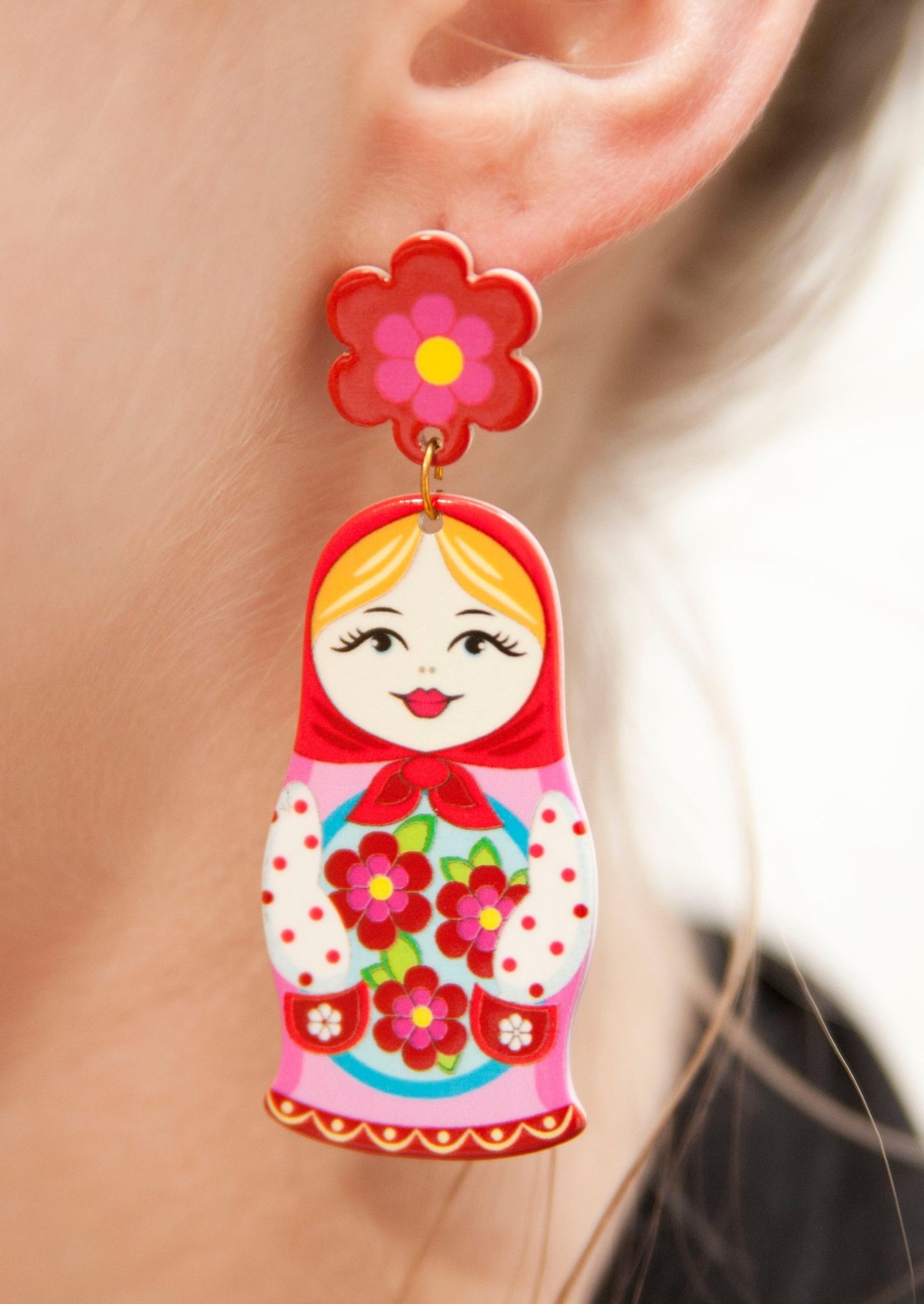 Retro Ruby Russian Nesting Doll Earrings - Relic828