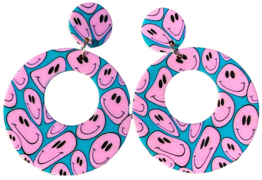 Retro Trippy Pink Smiley Chunky Hoop Earrings - Relic828