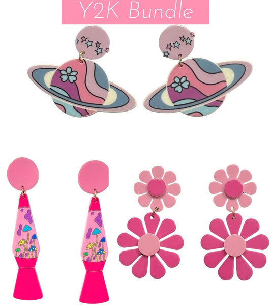 Y2K Earring Bundle Pink Flower Power Saturns and Lava Lamps - Relic828